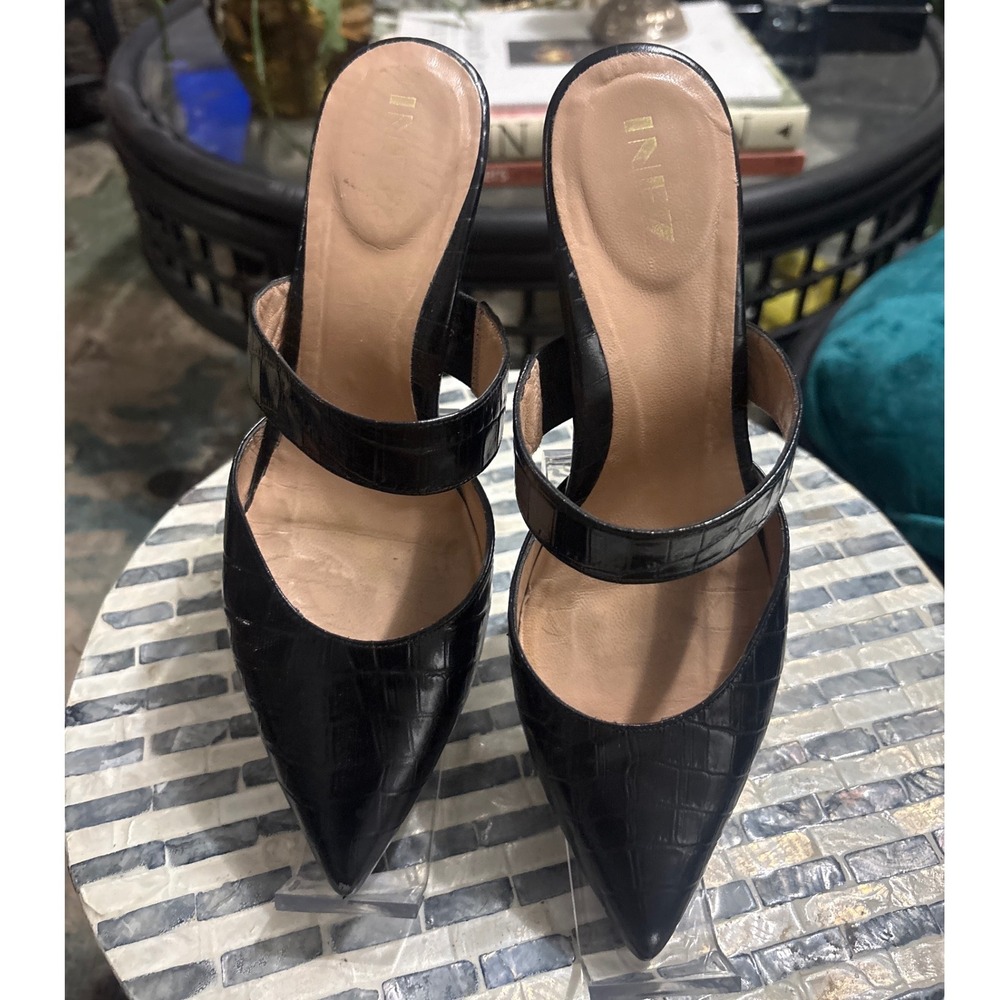 Inez Black Croc Embossed Leather Mule Heels Women 8.5 Made in Spain Pointed Toe